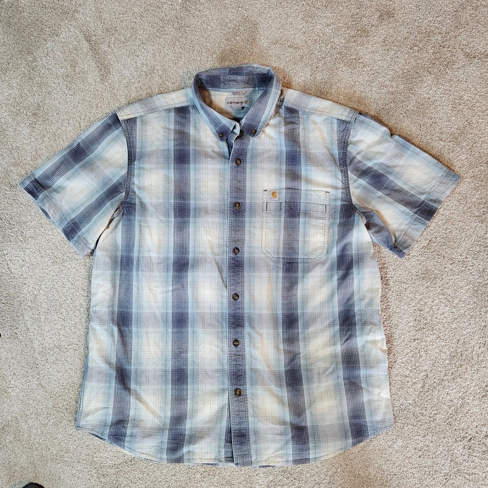 Carhartt Button Down Shirt Mens XL Blue Plaid Relaxed Fit S/S Workwear Utility - Picture 2 of 9